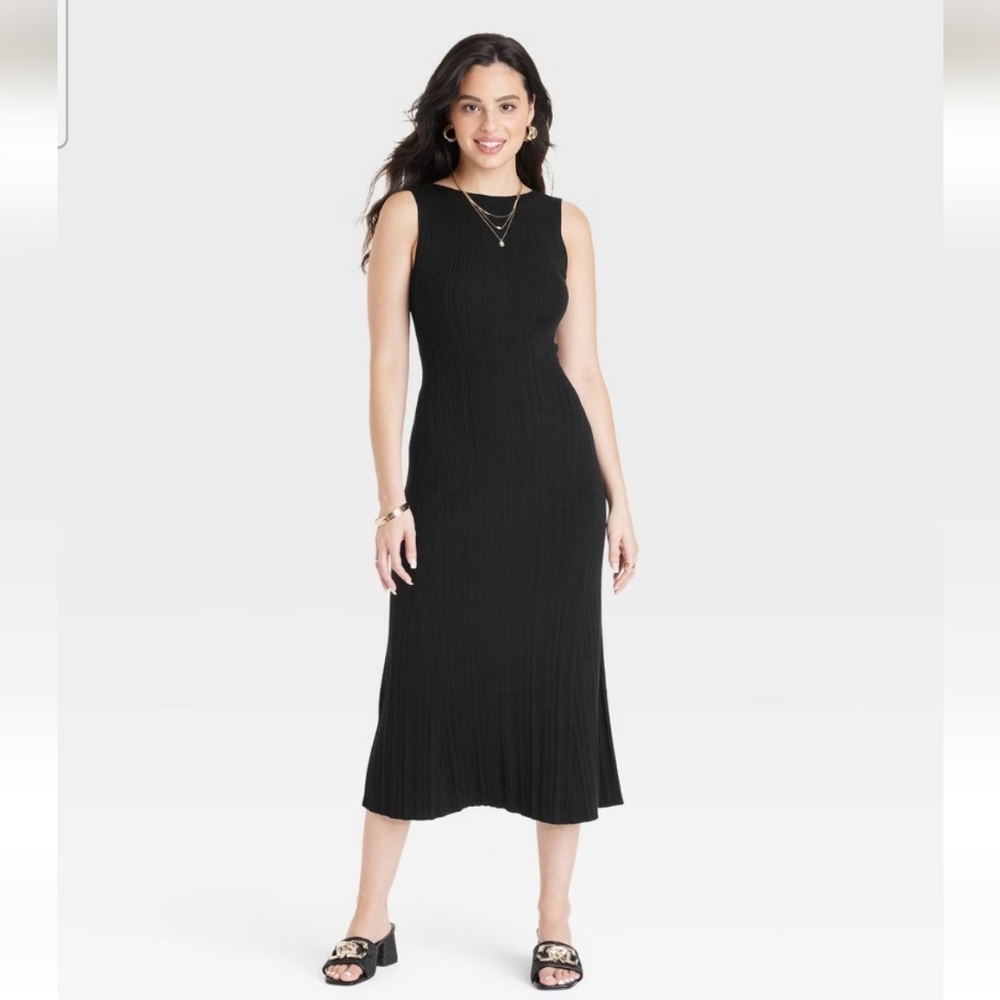 Women's Faux Plisse Midi Sweater Dress - A New Day Black XS